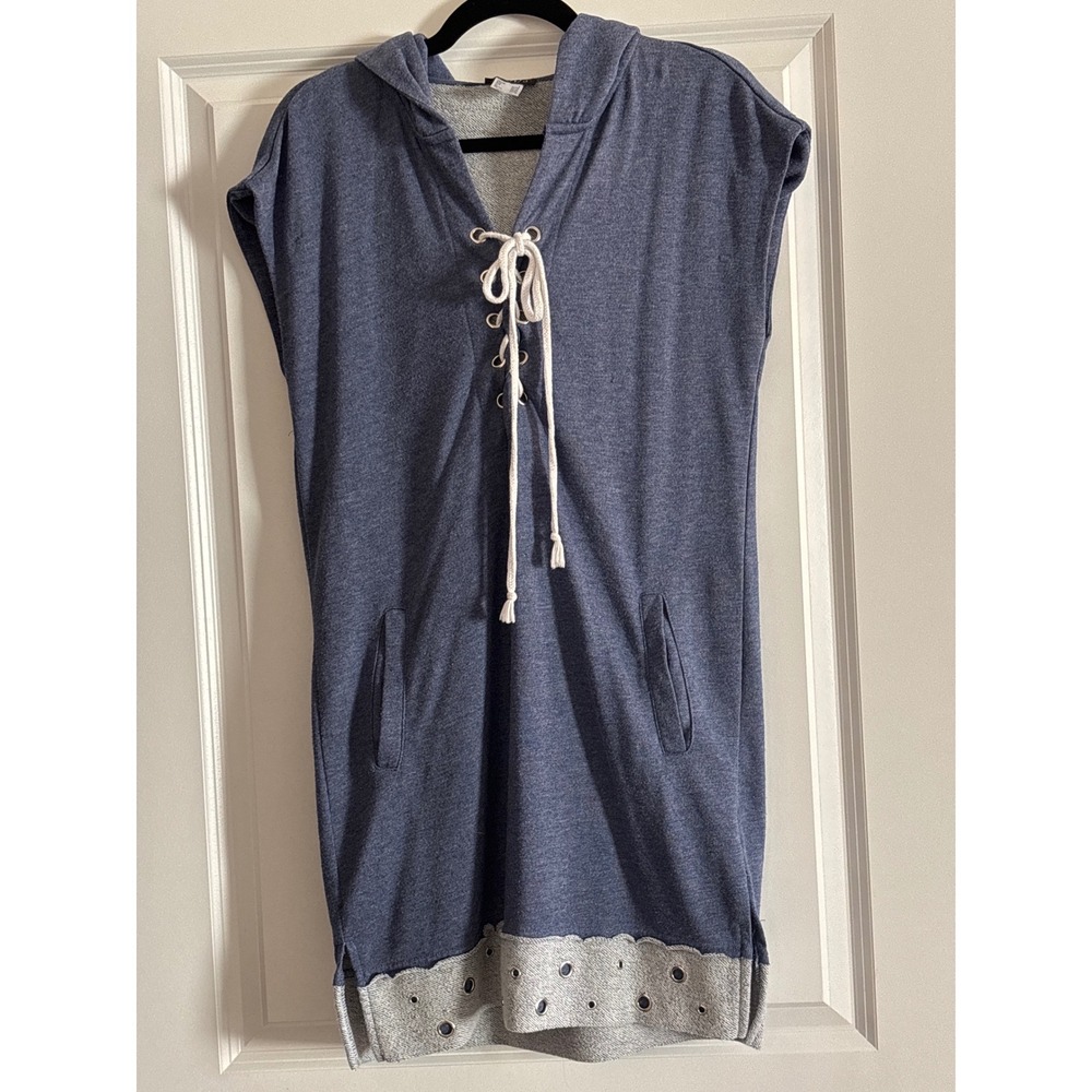 Venus Blue Lace Up Sleeveless Hoodie Cover Up Dress Small